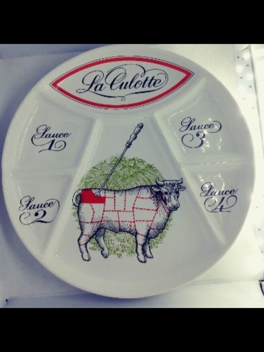 White Divided Fondue Beef Sauce Plate with Cow Illustration